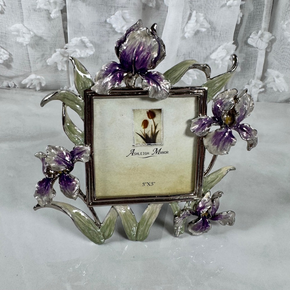 Ashleigh Manor Silver Tone Enameled Iris Photo Frame Floral 3x3 Picture Desktop